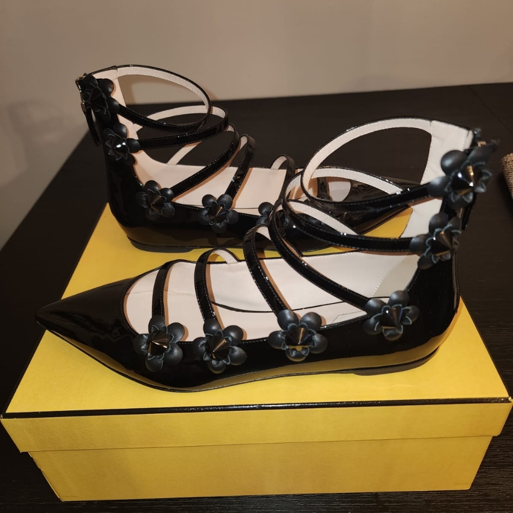 Fendi Patent Leather Strappy Pointed Toe Flats